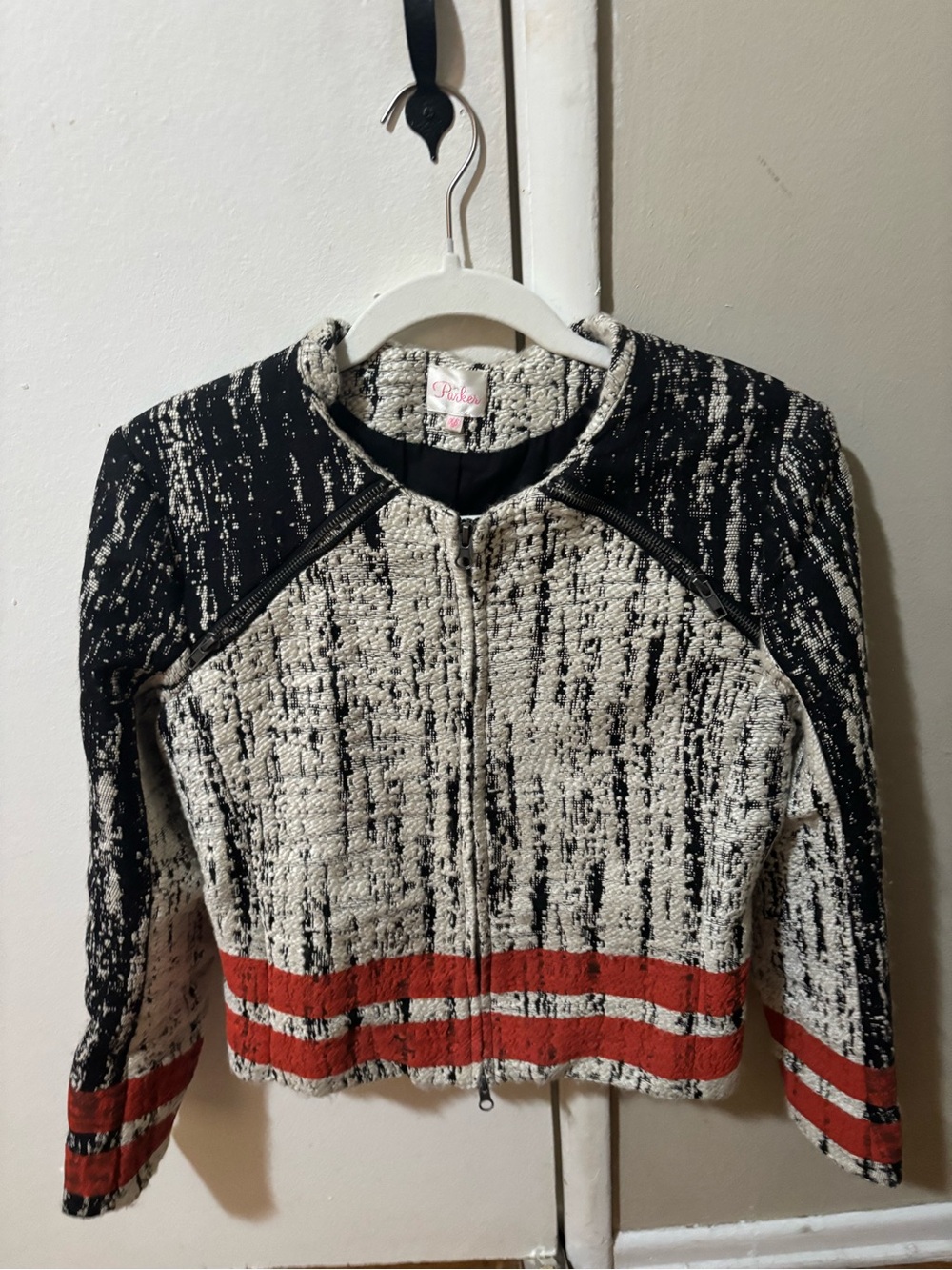 Parker blazer Black & Ivory Textured Zip Jacket with Red Stripe